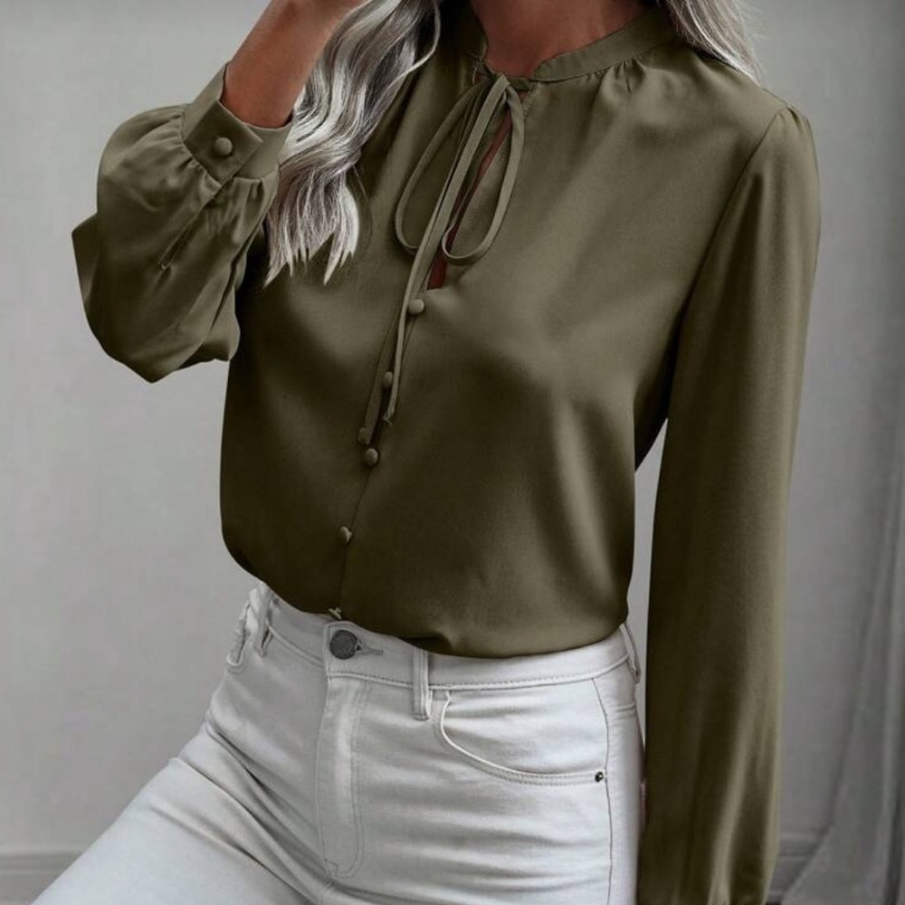 369. Women's Olive Button-Front Blouse with Tie Neck